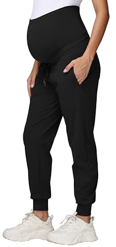 V VOCNI Maternity Joggers Pants Sweatpants Drawstring Pockets Pregnancy Pants Running Lounge Workout Jogging Black X-Large