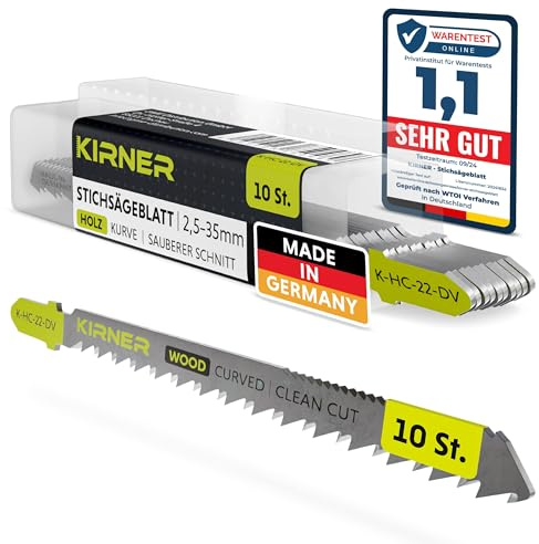 KIRNER Sticksågsblad trä 10 st [upp till 5 x fler skärningar] mycket exakt, rent kurvsnitt (2,5–35 mm) i trä och plast – för alla T-axelsticksågar, sticksågblad kurvsnitt