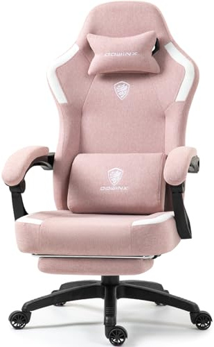 Dowinx Gamingstolstyg med vårkudde, massage gamingfåtölj med fotstöd, ergonomisk PC-stol, gamingstol, kontorsstol, 150 kg lastkapacitet, rosa
