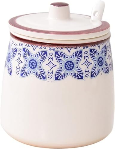 AIXILAN Sucrier en céramique, sucrier à motif de fleurs bleues avec couvercle et cuillère, pot de stockage de sucre en céramique de 430 ml (15 oz), pot à sucre en porcelaine(Blue1)