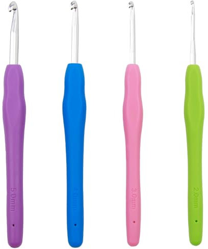 4-teiliges Häkelnadel-Set Ergonomische Häkelnadel aus Metall mit buntem Silikongriff 14 cm Extra lange Häkelnadeln in 4 Größen (2mm, 3mm, 4mm, 5mm) Stricknadel für Anfänger und Häkelliebhaber