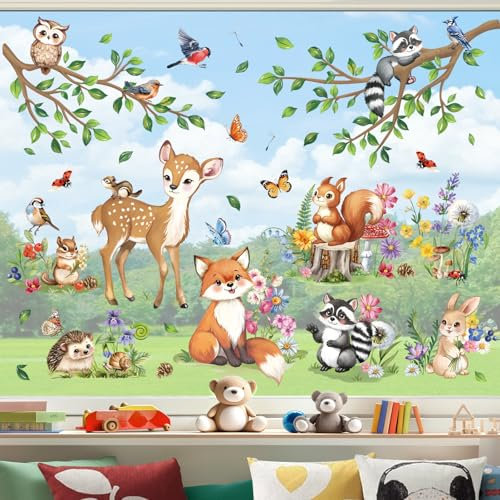 decalmile Fensterbilder Kinderzimmer Fensteraufkleber Waldtiere Fenster Abziehbilder Hirsche Fuchs Hase Eichhörnchen Baum Zweige Fenstersticker Wiederverwendbar Glasaufkleber Fensterdeko