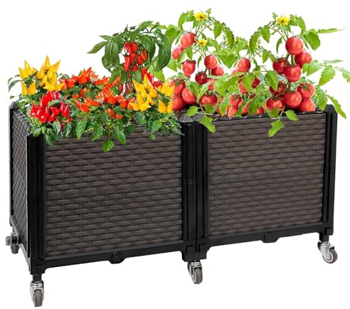 EasyVibe Raised Plant Box with Wheels 80L x 40W x 40Hcm, Raised Beds for Gardening Self Watering, Durable Metal Lockable Casters, Rectangular Garden Planter Perfect for Garden Patio Balcony Deck