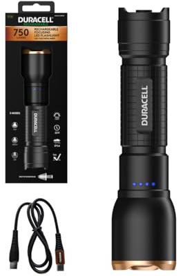 Duracell Lampe de poche LED DF1500R Core Plus - 1500 lumens, focalisable, portée d'éclairage de 150 m, rechargeable par USB-C, batterie Li-ion 18650, différents modes d'éclairage, protection contre