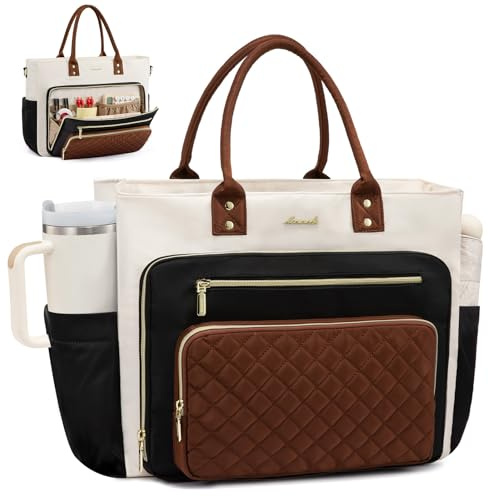 LOVEVOOK Teacher Tote Bag for Women, Laptop Bag Work Bags Computer Bag, Professional Briefcase Business Large Purses Handbag Gifts, Black-Beige-Brown, 17 Inch