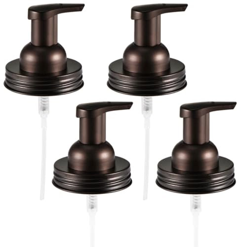 Amolliar Mason Jar Foaming Soap Dispenser Pump Lid, Refillable Plastic Pump, Rustproof Stainless Steel Lid for Regular Mouth Jar, Cute Farmhouse Decor, Hand Soap for Bathroom, Kitchen, Bronze 4 Pack