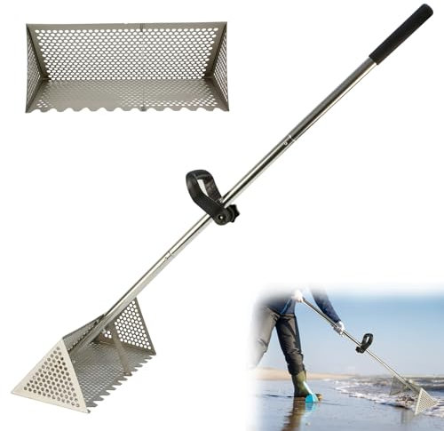 Rastrillo de playa, rastrillo para pulgas de arena, colador de arena de acero inoxidable con cesta trapezoidal ancha, rastrillo de arena extraíble con mango largo, dientes afilados, trampa plegable