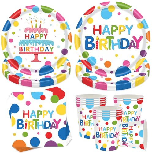 Sunshine smile 50 Stück Bunte Partygeschirr Set,Partygeschirr Geburtstag,geburtstag Geschirr Set,geburtstag Deko,Pappteller Geburtstagsdeko,Mit Teller Becher Servietten,Party Geschirr für 10 Gäste