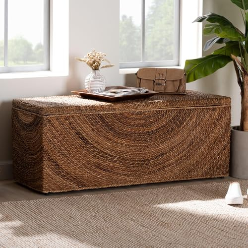 Bali & pari Verino Handwoven Natural Abaca Storage Bench with Removable Lid – Rustic Wicker Trunk Chest for Entryway, Living Room, or Bedroom Organization, Seat Height of 20, Brown