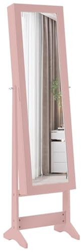 GOPLUS Armoire à Bijoux sur Pied avec Miroir Inclinable en 3 Positions, Armoire de Rangement Cosmétiques de Grande Capacité avec 4 Étagères, Convient pour Salon, Chambre et Porche, Blanc (Rose)