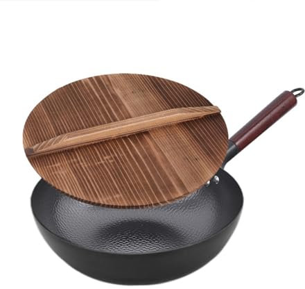 AIJUSSS Wok de acero al carbono con tapa de vidrio/madera Wok de acero inoxidable de 13 pulgadas Sartenes for saltear for estufas de gas de inducción(Pot with wooden lid)
