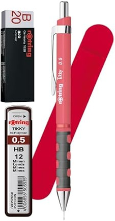rOtring Tikky Druckbleistift, 0,5 mm, Teerose, Koralle, nachfüllbar, Komfortgriff, inklusive 12 HB-Minen, weißem Radiergummi B20 und rotem Samtbeutel, stilvoller Schul- und Bürobedarf
