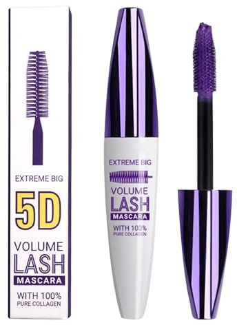 Máscara de pestañas de fibra de seda 5D, resistente al agua, con colágeno, voluminosa, alargadora, sin grumos, color negro intenso para maquillaje de ojos dramático para cosplay y maquillaje (morado)