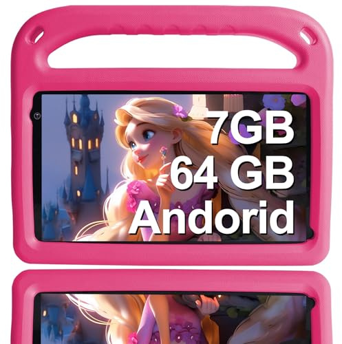 GOODTEL Tablet Android da 7 pollici, sistema Android con 7 GB + 64 GB di memoria, Bluetooth, GPS, doppia fotocamera, giochi educativi e giochi per genitori, custodia protettiva Eva, colore: rosa
