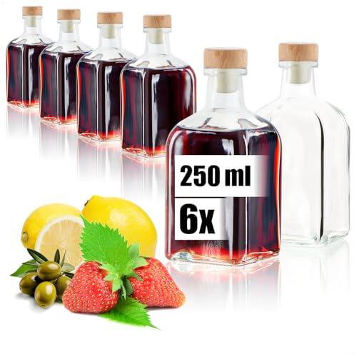 Wilhelm Sell® 6x Bouteilles en Verre 250 ml avec Bouchon, Flacons Vides à Remplir d’Huile, de Vinaigre ou de Spiritueux