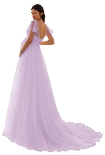 HAIBFJIN Vestido de maternidad de tul, cuello en V, vestido de novia para embarazadas, vestidos de maternidad para baby shower, sesión de fotos, lavanda, 50