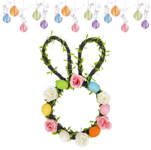 Couronnes de Pâques pour Porte d'Entrée,Décor Artificiel pour Porche - Couronne De Pâques avec Oreilles De Lapin, Œufs Et Fleurs pour Patio,pour Porche Extérieur, Maison, Salon, Entrée