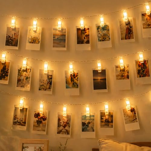 ZingBox Fotoclips Lichterkette, 1,5 M 10 LED, Batteriebetrieben, Warmweiß | Foto Lichterkette mit Klammern, Fotowand Dekor für Wohnzimmer, Weihnachten, Hochzeiten, Partys, Zimmer, Wand Deko