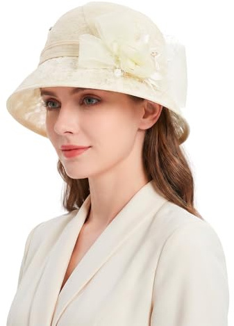 FakeFace Elegante Fascinator Damenhut Spitze Organza Derby-Hut mit Schleier Blume Feder Strass, Faltbar Cloche Kirchenhut für Hochzeit Trauer Teeparty Derby