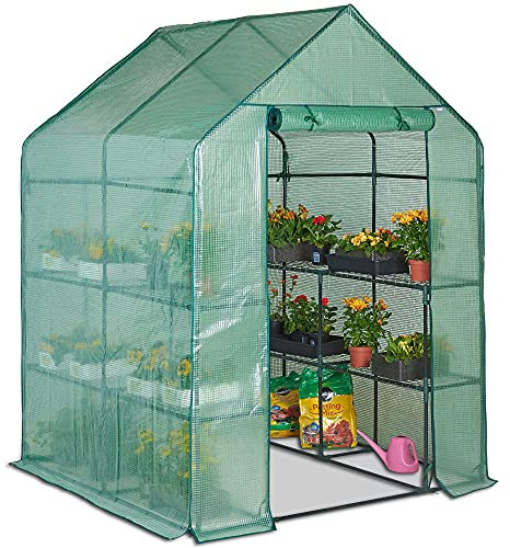 VonHaus Walk In Greenhouse – Green House with 8 Shelves and Weatherproof Re-enforced Plastic PVC Cover – Plant House/Grow House for Garden and Outdoor – Roll Up Zip Panel Door – Easy No Tool Assembly