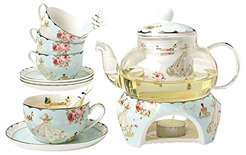 YBK Tech Tee-Set aus Knochenporzellan, Rosen- und Kleid-Muster, 482 ml Glas-Teekanne und 175 ml Tassen