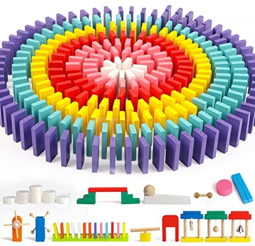 Joqutoys 600 PCS Dominoes Set for Kids, Wooden Domino Building Blocks, 6 Colors Bulk Dominoes Racing Tiles Games with Extra 26 Add-on Blocks and Storage Bag, Educational Toys for Kids Birthday Party
