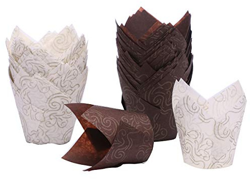 Barabum Backförmchen aus Papier in Tulpenform, für Cupcakes, Muffins, Braun und Weiß, 100 Stück 1