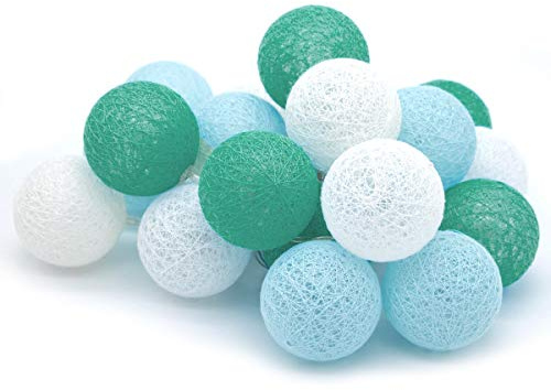 Tronje 20 LED Baumwollkugeln 6cm - 3,8m Kugel-Lichterkette 4h-Timer batteriebetrieben Lichterkugeln Türkis-Blau