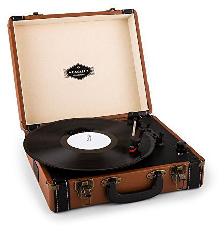 AUNA Jerry Lee - Platine Vinyle, Tourne Disque, Lecteur vinyles, Enceintes Stéréo, Numérisation Via Port USB, 33, 45 et 78 T/Min, Poignée de Transport - Marron/Brun