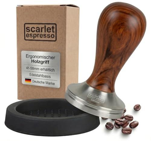Scarlet Espresso | Classic Tamper Stylish Espresso Stamp with Ergonomic Handle Made of Precious Wood for Perfect Espresso, Barista Tool (Set: Sandalwood - Red, 57 mm & Tamper Tray)