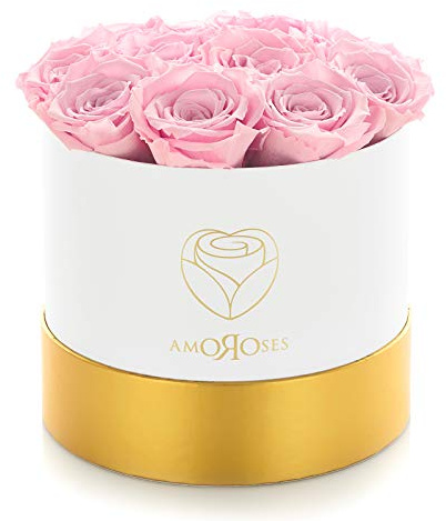 Amoroses 12 echte Rosen, die jahrelang halten, konservierte Blumen, Geschenkidee, ewige Rosen für besondere Anlässe (weiße Box mit rosa Rosen)