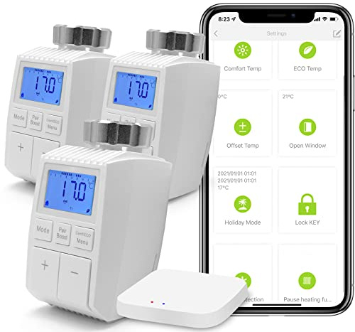 BSEED Smart Home 3er Pack Wifi Thermostat Heizung mit Zigbee Hub Heizkörperthermostat ECO Heizkosten sparen Heizkörperthermostatventil Alexa Google Home Tuya kompatibel LCD-Display ohne Batterien