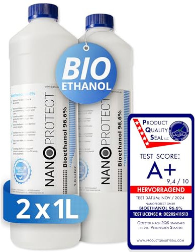 Nanoprotect Bioethanol 96,6% | 2 x 1 Liter | Flüssiger Ethanol Brennstoff für Indoor Kamin und Tischfeuer | Reiner Ethylalkohol als Lösemittel | Geprüfte Premium Qualität