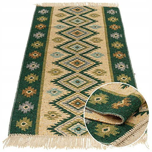 e-floor Teppich für Wohnzimmer Baumwolleteppich | Gewebt | Doppelseitiges Muster | Boho Kelim Teppiche | Teppichläufer | Küchenteppich | Schlafzimmer | Grüne Olive | 60x120 cm