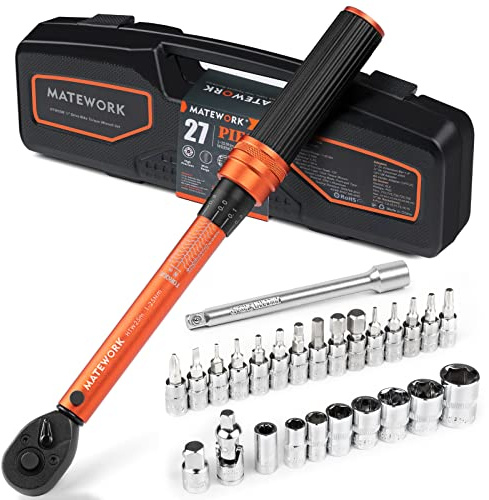 1/4 Inch Drive Click Torque Wrench, 27 PCS Bike Torque Wrench Set Double Scale (1-25Nm/8.9-221.3lb.in), 0.1Nm High Precision with Bit Sockets, 3/8 Adapter, Extension Bar, for Bicycle Maintenance