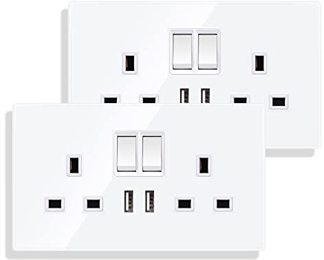 JIMEIDA 2 Pack Double Switched Socket 13 Amp with 2 USB Charging Ports Crystal White Glass Panel Wall Outlet Electric Power Socket