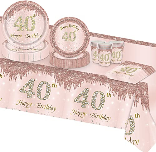 TOPWAYS Roségold 40 Geburtstagsdeko Partygeschirr Set, Einwegteller Pappbecher Servietten Pappteller Tischdecke für Sie Mädchen Frauen 40 Geburtstag Party Dekorationen (16 Gäste) (Geburtstag 40.)