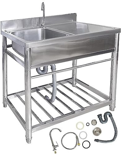 Lavello da cucina in acciaio inox 304 per esterni, autoportante, per uso commerciale, lavello da cucina singola con gocciolatoio, ripiani per garage, ristorante, lavanderia, 100 x 51 x 80 cm
