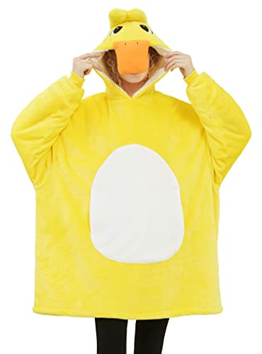 Kidukso Erwachsene Gelbe Ente Kostüm Unisex Tier Kapuzenpulli Pyjamas Gemütlicher Flanell Sherpa Pullover Frauen Männer Weihnachten Halloween Cosplay Kostüm Eine Größe passt Allen