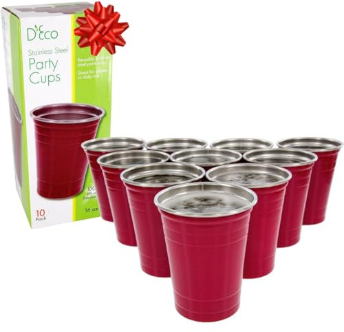 D'Eco Wiederverwendbare rote Partybecher, 473 ml, unzerbrechliche Edelstahl-Trinkgläser, spülmaschinenfest, perfekt für Gastgeber und Unterhaltung, ideal für Trinkspiele, College, Sommer-Pool-Partys