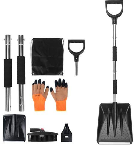 COVVY Kit 3 in 1 pala da neve retrattile con raschietto per ghiaccio e spazzola da neve per ghiaccio, neve, graniglia per vialetto auto, con borsa portaoggetti e guanti (argento)