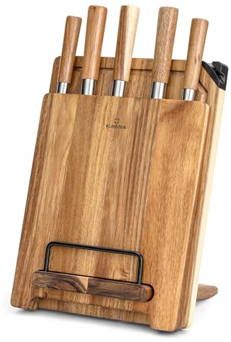 Klarstein Juego de Cuchillos Cocina y Bloque Cuchillo, 5 Set Cuchillos Cocina Profesional y Tabla de Cortar Acacia con Afilador, Juego de Cuchillos Chef Acero Inoxidable Profesionales, Anti Arañazos