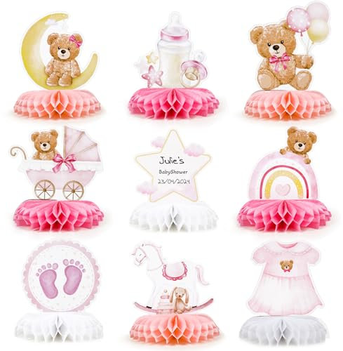 9 Stück Gender Reveal Party Deko Bienenwabe Mittelstück Tischdekoration Bär Dekoration für Baby Shower Babyparty Geschlecht Verkündung Party Zubehör Enthüllung Partydeko Tischaufsätze (Pink)