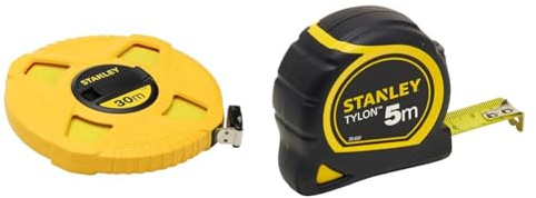 Stanley 0-34-297 Mètre À Ruban Fibre De Verre 30 M Jaune Fluo - Revêtement Pvc - Anti-Corrosion & 1-30-697 - Mètre Tylon Bi matière 5m X 19mm - Ruban Anti-Corrosion - Blocage Du Ruban