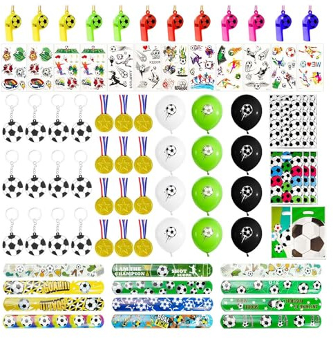 LUCKNIGHT Fußball Mitgebsel Kindergeburtstag, mit Fußball Geburtstagsdeko Zubehör, Medaillen, Ballon, Schnapparmbänder für Kinder, Schlüsselanhänger, Trillerpfeife, Tattoos, Geschenk Taschen