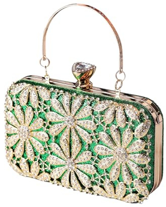 CORIOS Strass Blume Clutch Damen Diamant Abendtasche Glitter Kristall Handtasche Elegant Schultertasche Klein Tasche Glänzend Umhängetasche für Geburtstag Cocktailparty Tanzparty Abendparty Grün