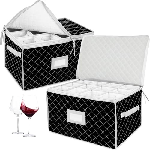 VERONLY Paquete de 2 cajas de almacenamiento para copas de vino con tapa, cajas de almacenamiento con 12 separadores para cristalería de mudanza, cocina, camping, fiesta, viajes, caravana (negro)