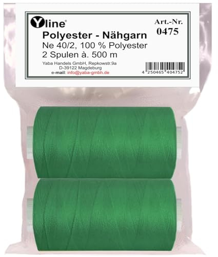 Yline - 1000 m (2 Spulen) Nähgarn für Nähmaschine, Nähfaden Polyester, Syngarn Allesnäher, 0475-25 (dunkel - grün)