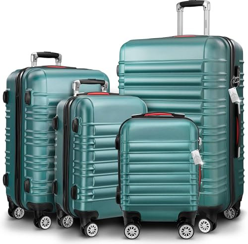 MONZANA® 4tlg Kofferset Schloss Organizer Kofferwaage Gurt Gel-Griffe Zwillingsrollen Standfüße Trolley Reisekoffer Hartschale Koffer S-M-L-XL Grün