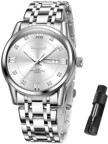 Taxau Silver Watch Men Watches Waterproof- Luxury Analog Quartz Mens Watch Stylish - Classic Wristwatch Stainless Steel Easy Read Luminous Watchmen
